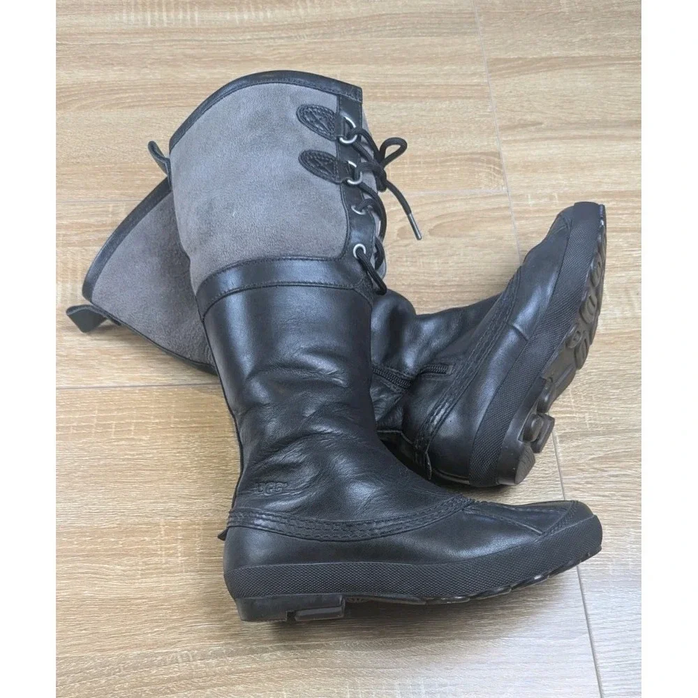 Ugg Belcloud US 6 Sheepskin Shearling Lined Black Gray Leather Duck‎ Boot